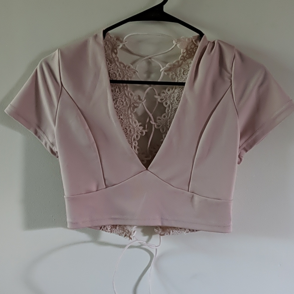Pink lace & tie crop top